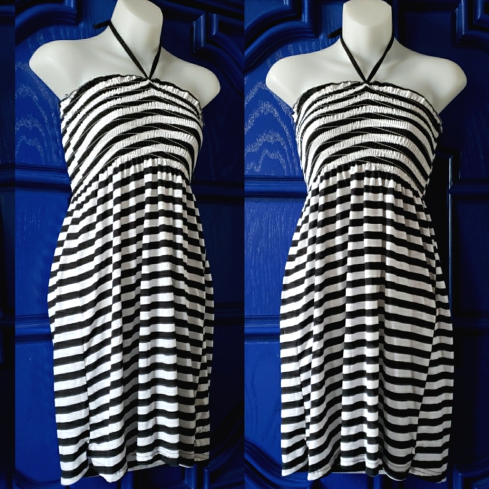 Black White Striped Halter Tube Dress